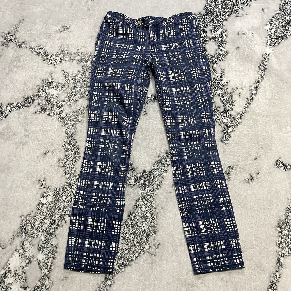 Tory Burch Conner Skinny Pants Women's Size 27 Navy Printed Plaid Stretch Preppy